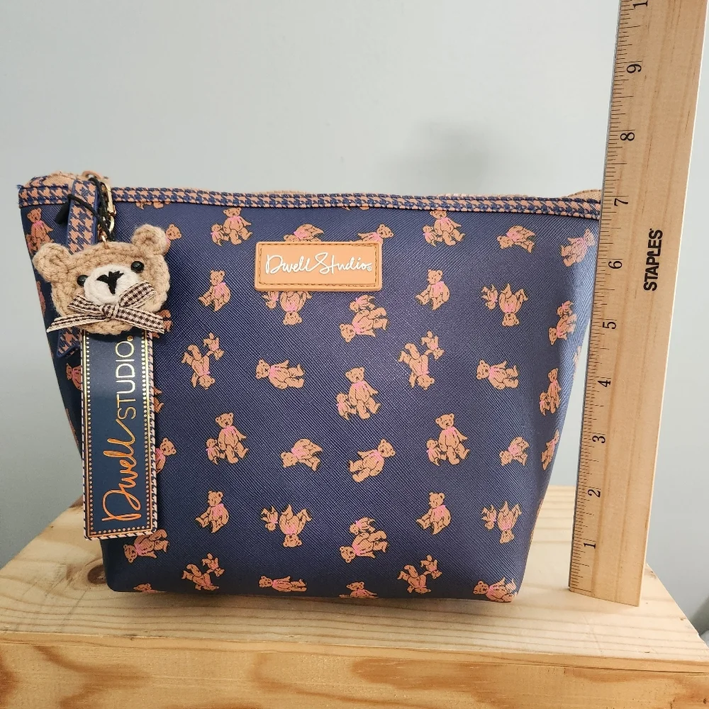 Dwell Studio Navy Teddy Print Cosmetic Zip Pouch NWT